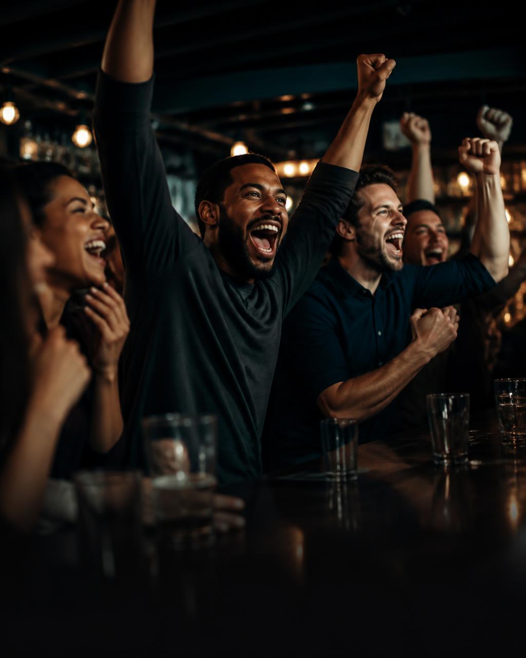 Friends celebrating together at a bar during a football game