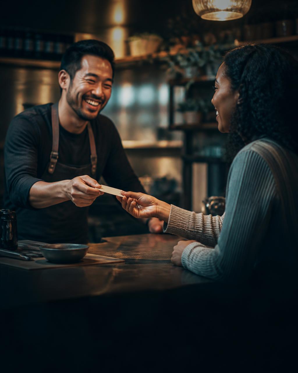 A restaurant owner in an apron handing a gift card to a smiling regular customer